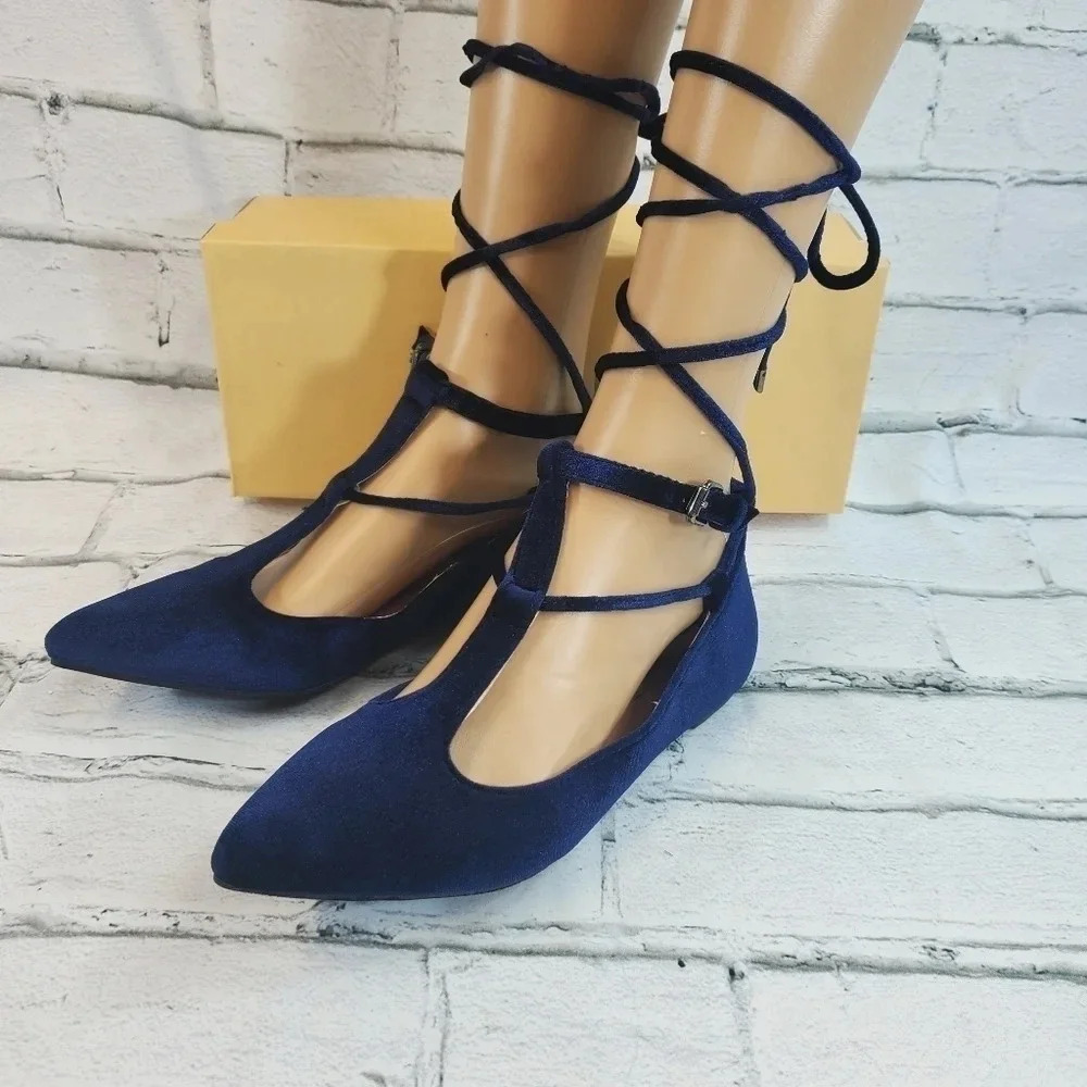 YOKI URBAN 80 Navy Blue Velour Gladiator Laces Flats NWT - Picture 11 of 12